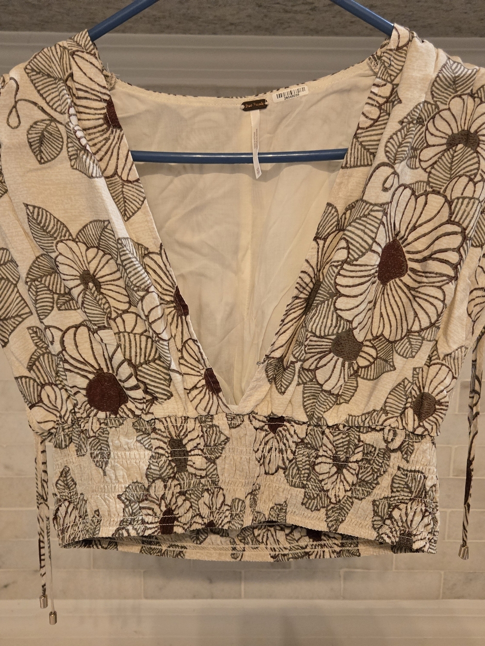 Free People Smocked Waist Floral V-Neck Crop Top - Cream/Brown
